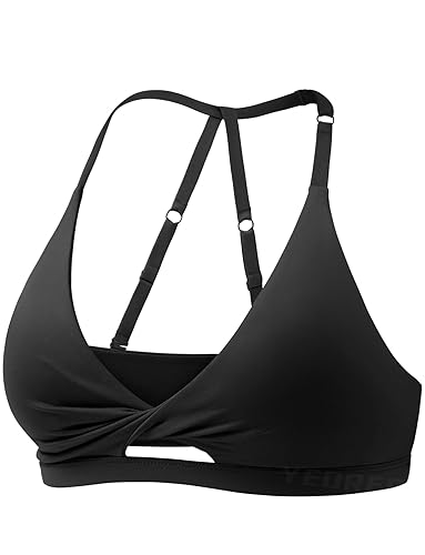 YEOREO Sports Bras for Women Open Back Workout Gym Bra Padded Medium Impact Yoga Tops with Ajustable Back Straps - Black - Small