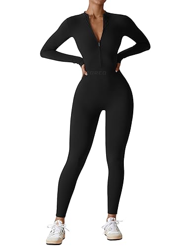 YEOREO Women Workout Jumpsuit Zip Up Long Sleeve Romper Bottom Pants Bodysuit Bodycon Sexy One Piece - Regular - Small - Black