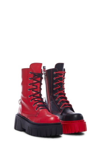 Devil Games Mismatched Combat Boots - Red | RED / US 8
