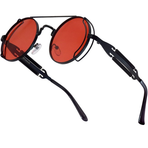 XFentech Punk Glasögon - Retro Solglasögon i Steampunk Stil Rund Metallbåge Polariserade Glasögon UV400 Skydd för Herr Dam - B1 Svart Ram - Röd Linser