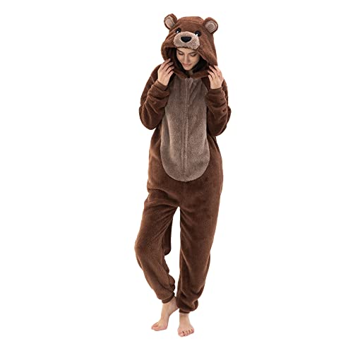 COSUSKET Snug Fit Unisex Adult Onesie Pajamas, Flannel Cosplay Animal One Piece Halloween Costume Sleepwear Homewear - Small - Borwn Bear
