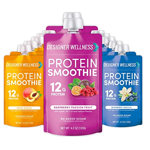 Designer Wellness Protein Smoothie, Real Fruit, 12g Protein, Low Carb, Zero Added Sugar, Gluten-Free, Non-GMO, No Artificial Colors or Flavors, Super Fruits Variety Pack, 12 Count - Super Fruits Variety Pack - 4.2 Fl Oz (Pack of 12)