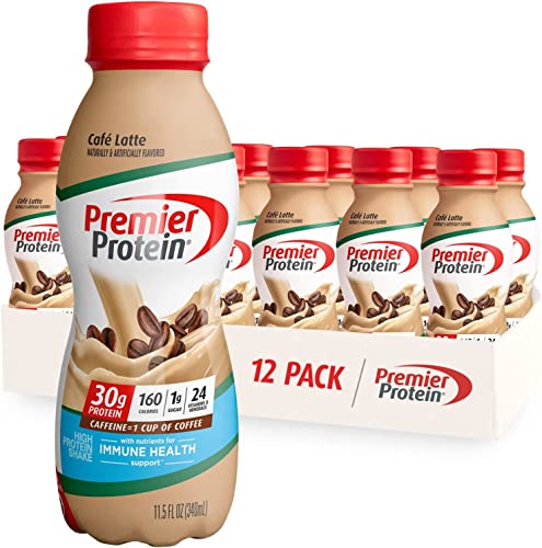Premier Protein Shake, Café Latte Liquid, 30g Protein, 1g Sugar, 24 Vitamins & Minerals, Nutrients to Support Immune Health, gluten free, 11.5 fl oz Bottle, 12 Pack - Protein Shake - Cafe Latte - 11.5 Fl Oz (Pack of 12)