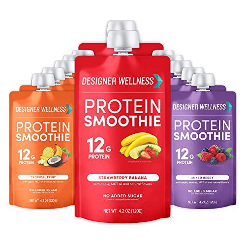 Designer Wellness Protein Smoothie, Real Fruit, 12g Protein, Low Carb, Zero Added Sugar, Gluten-Free, Non-GMO, No Artificial Colors or Flavors, Variety Pack, 12 Count - Original Variety - 4.20 Fl Oz (Pack of 12)