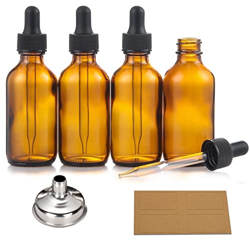 AOZITA 4 Pack, 2 oz Dropper Bottles with 1 Funnel & 4 Labels - 60ml Thick Dark Amber Glass Tincture Bottles with Eye Droppers - Leakproof Essential Oils Bottles - 2OZ