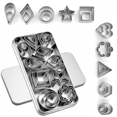 30Pcs Mini Cookie Cutter Set with Box, Small Stainless Steel Veggie Cutters, Polymer Clay Cutters for Kids, Geometric Set for Biscuit Cutter, Tiny Fruit Cutter - 30Pcs