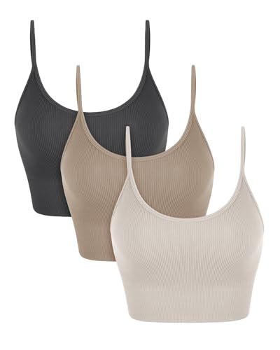ODODOS 3-Pack Seamless Sports Bra for Women Ribbed Camisoles Non Padding Yoga Bra Crop Tank Tops - Medium - Mushroom+taupe+charcoal