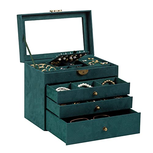 Somduy Jewelry Box for Women and Girls,4 Layers,Vintage Jewelry Organizer and Display Box, Large Capacity Necklace Storage for Earrings Bracelets Rings,Ideal Gift for Your Loved Ones,Green - Green