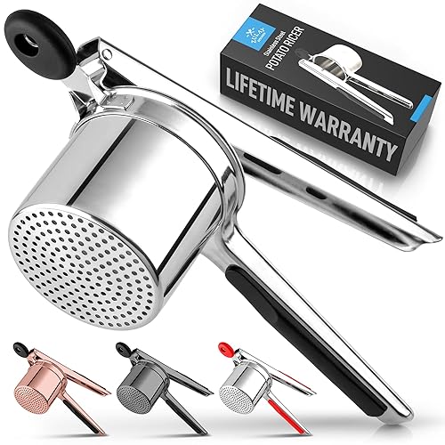 Zulay Kitchen Large 15oz Potato Ricer, Heavy Duty Stainless Steel Potato Masher and Ricer for Mashed Potatoes, Mashed Potato Masher & Potato Press Kitchen Gadget for Perfect Mashed Potatoes - Fixed Disc - Silver/Black