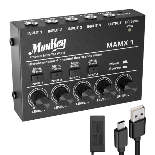 Moukey Mini Audio Mixer Line Mixer, DC 5V, 4-Stereo Ultra, Low-Noise 4-Channel for Sub-Mixing, Ideal for Small Clubs or Bars, As Guitars, Bass, Keyboards Mixer, 2021 New Version-MAMX1 - Small(4-channel)