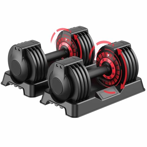 SKOK 25/55LB Adjustable Dumbbell for Men and Women -Dumbbell Adjutable Weight with Turning Handle for Fast Adjusting - Dumbbell with Tray - 25lbs-Black-Pair