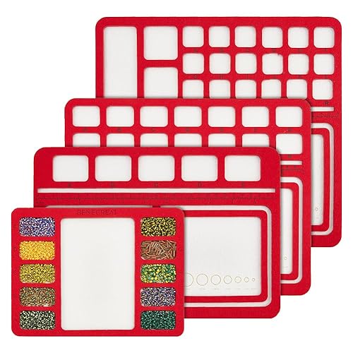 BENECREAT 4 Styles Red Felt Beading Mat, Hard Back Bead Tray with Grids DIY Beading Bead Pads, Bead Design Boards for Art Crafts Jewelry Making Beading Supplies, 6mm Thick