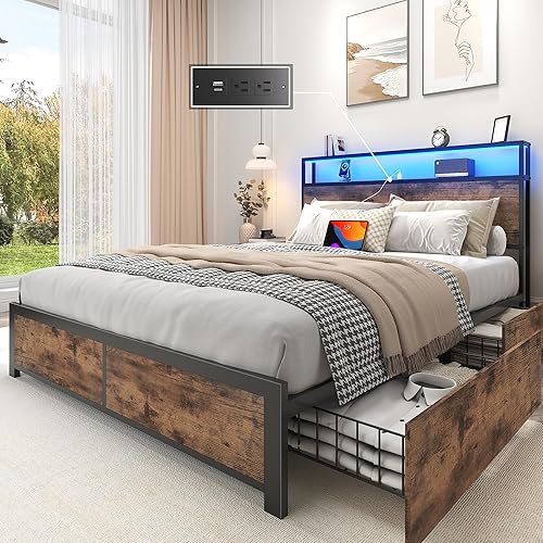 Lifezone Full Bed Frame with 2-Tier Storage Headboard, Metal Platform Bed Frame with 4 Storage Drawers, Built in Charging Station & LED, Noise-Free/Metal Support/No Box Spring Needed, Vintage Brown - Vintage Brown - Full