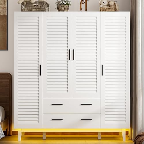 jiteentarou 4 Door Armoire Wardrobe Closet Cabinet with Drawers and LED Lights, Multi-Tier Shelves, Hanging Rod & 4 Louver Doors, Large Capacity Storage Wardrobe Armoire for Bedroom(4 Doors White) - 4 Doors - White