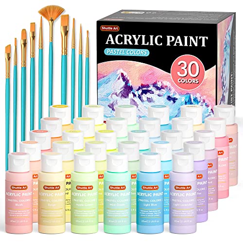 Shuttle Art 40 Pack Pastel Acrylic Paint Set, 30 Colors, 60ml/2oz Bottles, High Viscosity, Water-proof Paint With 10 Paint Brushes for Painting &Crafting on Canvas, Rock, Ceramic, Fabric