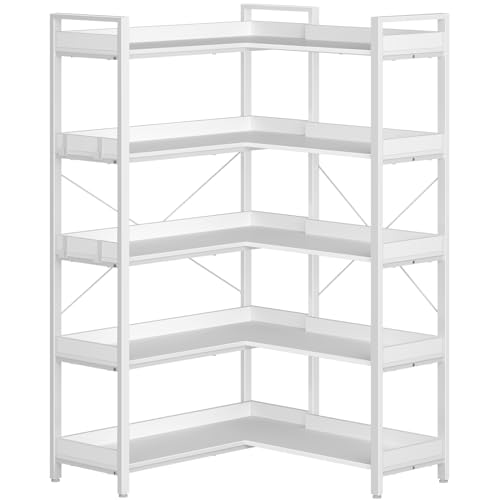 Rolanstar Bookshelf 5 Tier with 4 Hooks, Reversible Corner Bookshelf, 65" Industrial Wooden Bookcase with Open Shelves and Metal Frame for Living Room, Bedroom, Home Office, White - White