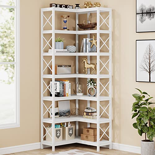 Tribesigns 7-Shelf Corner Bookshelf,Large Modern Corner Bookcase, 7-Tier Tall Corner Shelf Storage Display Rack with Metal Frame for Living Room Home Office (White) - White - 7-Tier
