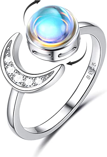 ADRAMATA 925 Sterling Silber Angst Ring für Damen 18 Karat Weiß Plattierter Mondstein CZ Offener Ring für Anti Stress Verstellbarer Stern Mond Spinner Ring Fidget Ring für Anti Stress Damen