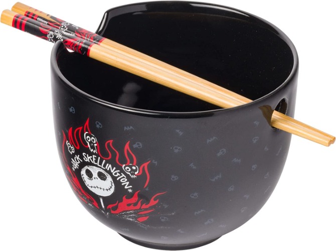 Silver Buffalo Nightmare Before Christmas Text and Flame Ceramic Ramen Bowl with Chopsticks, 20 Ounces - Nightmare Before Christmas