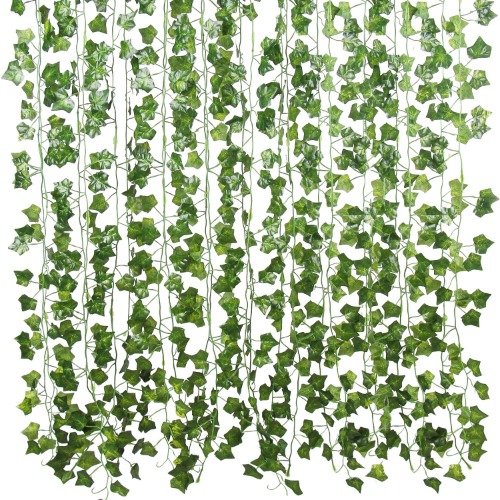 Flojery 78Ft 12pcs Silk Artificial Ivy Vine Hanging Leaves Plant Greenery Decor Party Home Garden Wedding Wall Decor (Green) - Green
