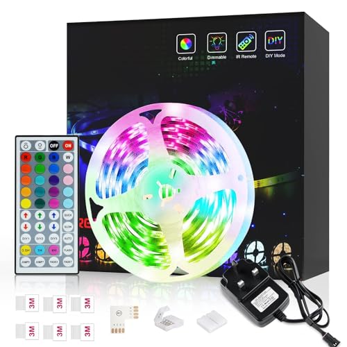 LED Strip Lights With Remote 5M,Romwish Flexible Color Changing Led Lights for Bedroom, 5050 RGB Led Tape Lights with 44key IR Remote, 24V Power Supply RGB Led Light for Room, Bar, TV, Kitchen, Party - 5M