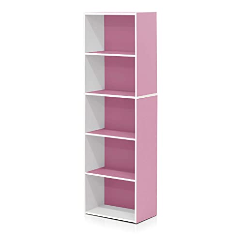 Furinno Luder 5-Tier Reversible Color Open Shelf Bookcase, White/Pink - 5-Tier - White/Pink