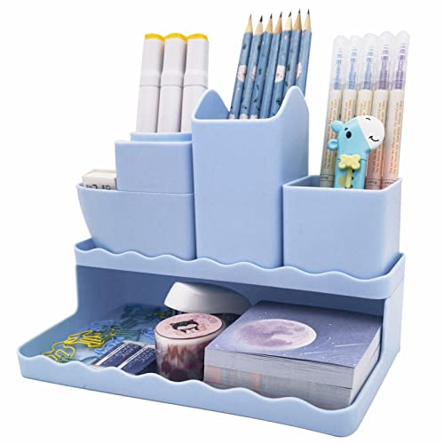 Cute Vertical Pen Organizer, Kawaii Desk Organizer Pen Holder Stationery, Marker Pencil Storage Caddy Tray for Office, School, Home & Art Supplies - Blue - Blue
