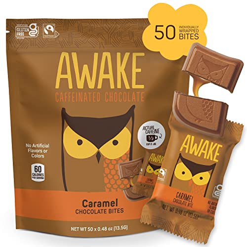 AWAKE - Caffeinated Chocolate Bites - Coffee Alternative - Low Calorie Snacks - Bite Size Energy Bars - 50mg of Caffeine in Each Bite - Non GMO - Gluten Free - Caramel Chocolate - 50 Bites - Caramel