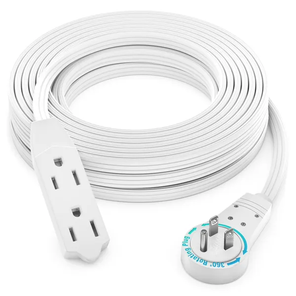 Maximm Cable 25 Ft 360° Rotating Flat Plug Extension Cord / Wire, 16 AWG Multi 3 Outlet Extension Wire, 3 Prong Grounded Wire - White - UL Certified - 25 Feet