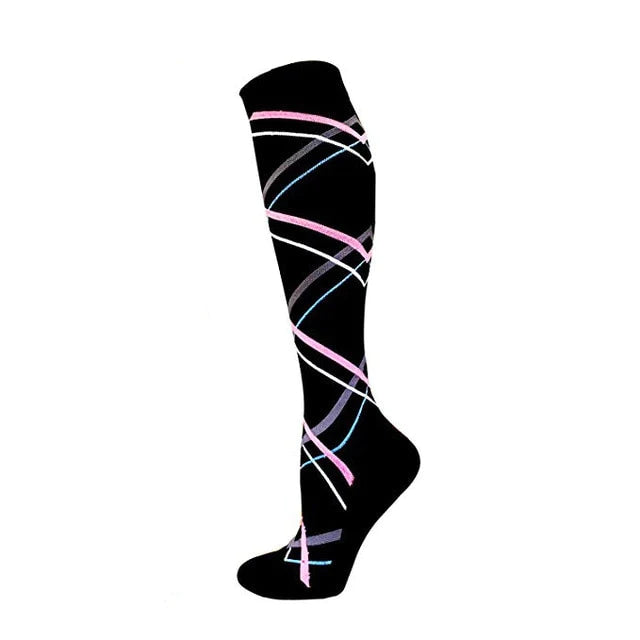 Black with Pink Striped Knee High (Compression Socks) - L/XL