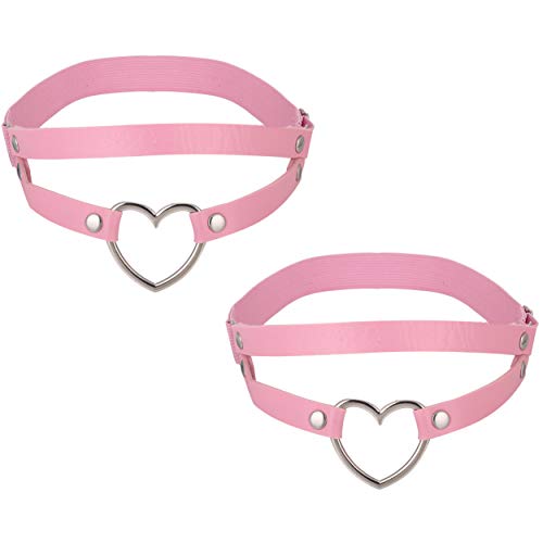 FM FM42 Multicolor PU Simulated Leather Women's Gothic Double Straps Heart O Ring Leg Thigh Elastic Garter Belt, One Pair - Pink, One Pair