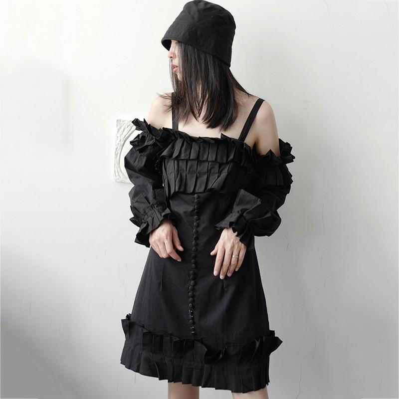 Masaru Off Shoulder Ruffled Pleated Dress - Black - XL