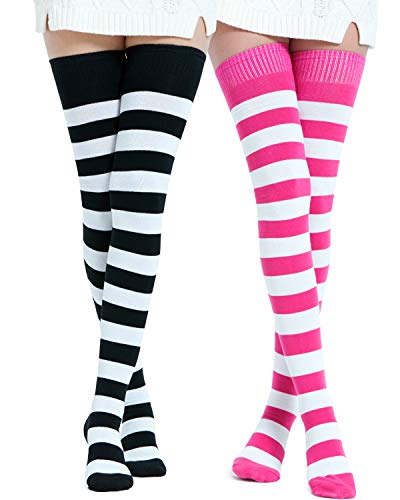 Kayhoma Extra Long Cotton Stripe Thigh High Socks Over the Knee High Socks - Black/White & Fuschia/White
