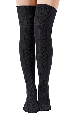 Wool Thigh High Socks Over the Knee Socks Thigh High Stockings Extra Long Boot Thick Socks Leg Warmers for Women - Black - One Size