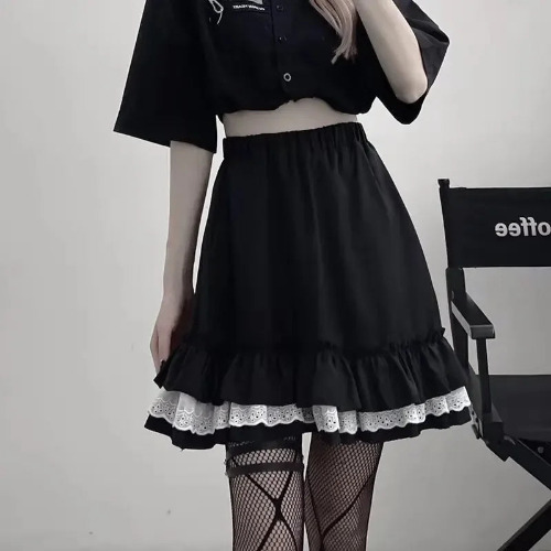 'Apparition' Black & White Harajuku Grunge Ruffle Skirt - black / L