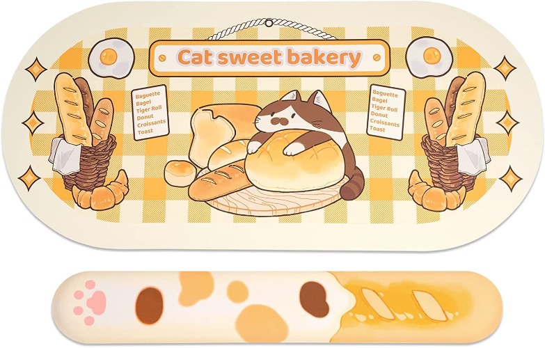 GeekShare Cute Cat Bakery Poggiapolsi Supporto per Mouse Pad Set- Base in Gomma Antiscivolo e Leggero Memory Foam Poggiapolsi Tappetino da Scrivania per Tastiera e Mouse