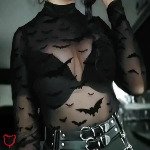 See-through Bat Print Playsuit - Black / M