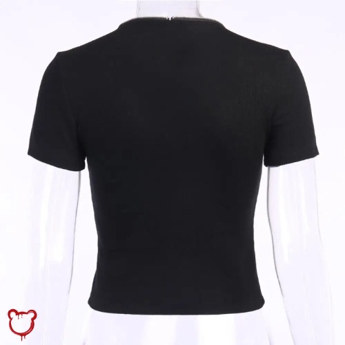 Crimson Goth Zipper V-Neck Top - short sleeve black / M