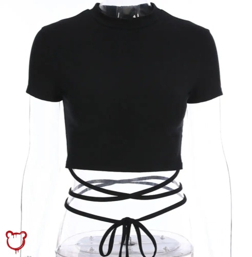 Black Lace Up Tee - Black / M