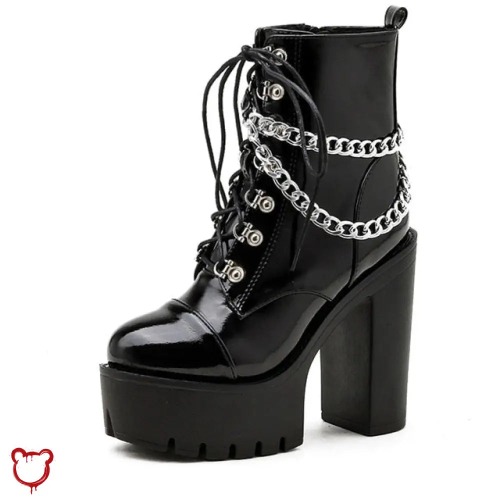 "Black Gothic Chain Ankle Boots" - black shoes / 7
