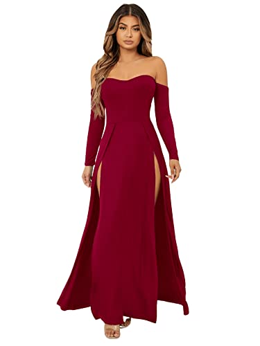 SweatyRocks Women's Elegant Off Shoulder Double High Slit Long Sleeve Dress A Line Maxi Dresses - Large - Burgundy