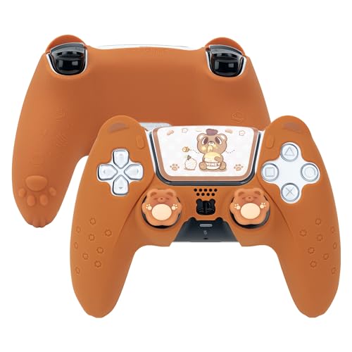 GeekShare Cute Bear PS5 Controller Skin Set Anti-Slip Silicone Protective Cover Skin Case for Playstation 5 Wireless Controller with 2 Thumb Grip Caps and 1 Sticker - Brown - Brown