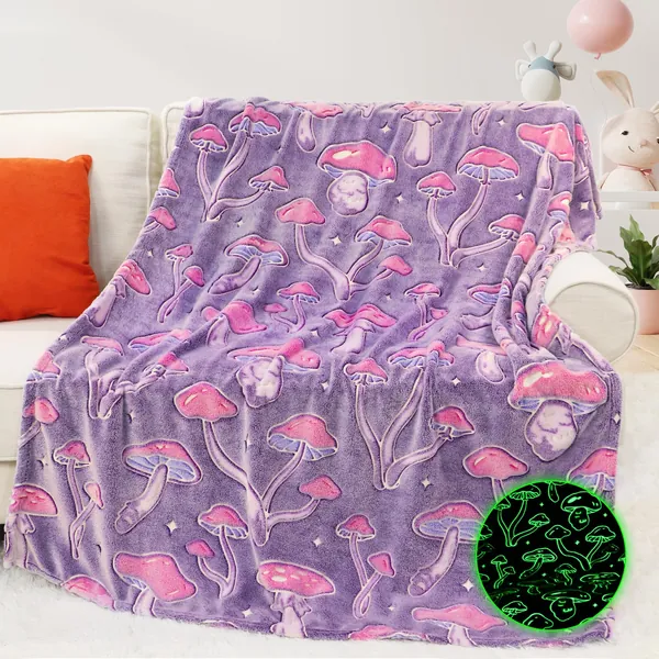 MIBOI Presentes de cogumelos para mulheres e meninas amantes de cogumelos que brilham no escuro fofo cobertor de cogumelo roxo para crianças, adolescentes, decoração de casa de campo, aniversário de - Small Size 40" x 50" (10 x 130 cm) - Cobertor de cogumelo brilhante