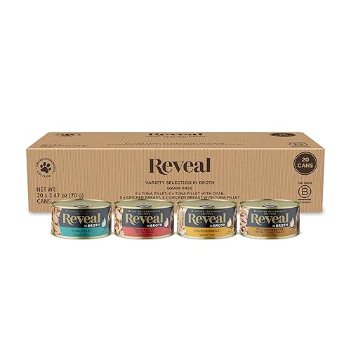 Reveal Natural Wet Cat Food, 20 Count, Grain Free, Limited Ingredient Canned Food for Cats, Fish and Chicken Variety in Broth, 2.47 oz Cans - Fish & Chicken Variety - 2.47 Ounce (Pack of 20)