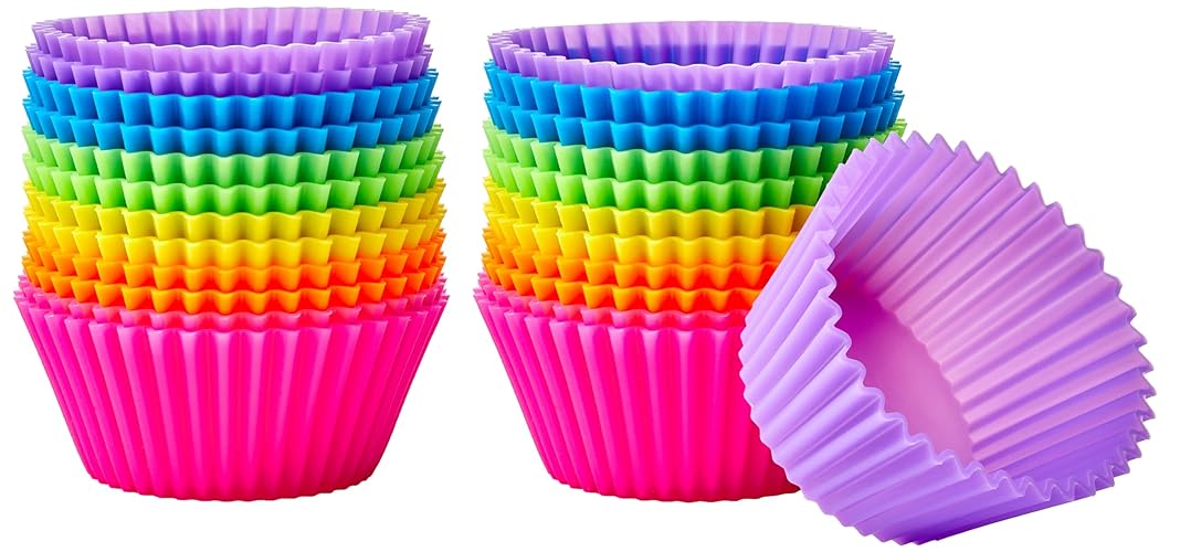 Amazon Basics Round Reusable Silicone Baking Cups, Muffin Liners, Pack of 24, Multicolor, 2.9 x 2.9 x 1.3 inches (LxWxH) - Multicolor - Pack of 24