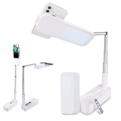OHMYLAZU Foldable Video Recording Phone Holder, LED Light, 360°Rotation, Retractable 44 Inch Portable Selfie Light Stand for Live Streaming / Video Recording / Photography. - V6 - White