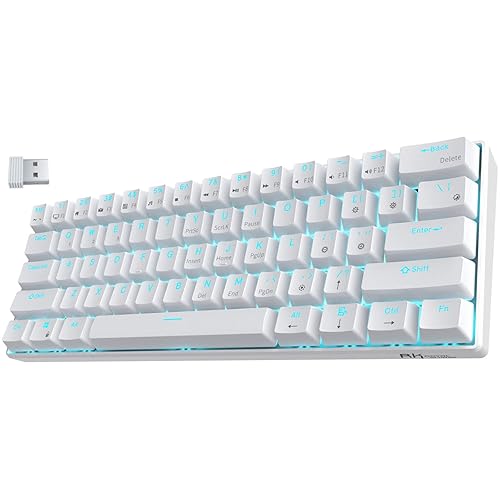RK ROYAL KLUDGE RK61 Wireless 60% Mechanical Gaming Keyboard, Ultra-Compact 60 Keys Bluetooth Mechanical Keyboard with Programmable Software (Blue Switch, White) - Hot Swappable Blue Switch - White
