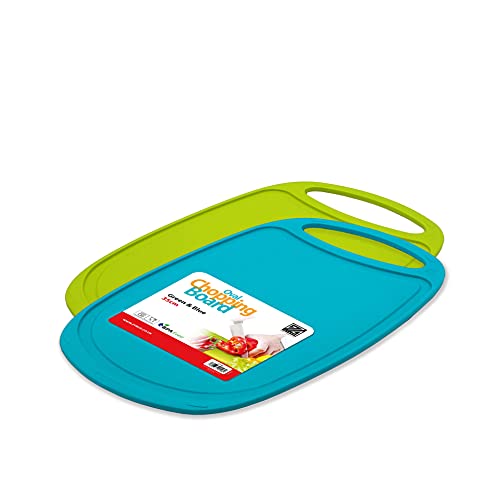 ZYBUX - Set of 2 - Chopping Boards - 35 x 23cm - Oval Plastic Cutting Board BPA Free with Juice Groove, Professional Kitchen Cutting Boards with Hanging Hole - Dishwasher Safe - Durable - Green & Blue