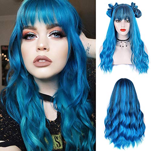 ENTRANCED STYLES Blue Wig with Bangs Long Wavy Blue Wig with Air Bangs Synthetic Wigs for Women Curly Wigs for Daily Party Cosplay (24 inch) - 24 Inch - Blue
