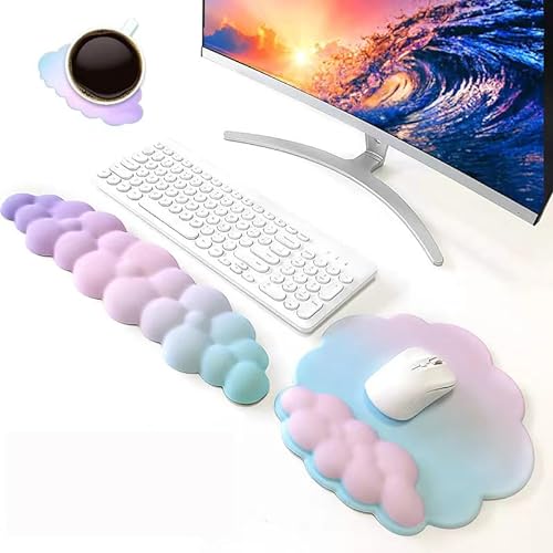 17 in Cloud Keyboard Wrist Rest, 3Pcs Mouse Pad Wrist Support Set with Ergonomic Memory Foam, Coaster Anti-Slip Base, Palm for Home Office Laptop Desktop Computer, Easy Typing Pain Relief (Color Pink) - Gradient Pink Green
